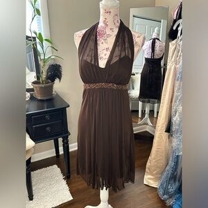 Speechless Brown w/ Gold Beading Halter Midi Sheer Party Holiday Dress Large